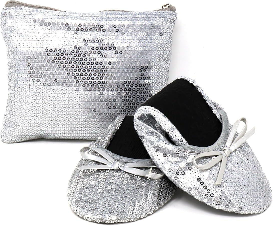 Silky Toes Women's Foldable Sequin Shoes Dressy Ballet Flats Roll Up Slipper Shoe with Matching C... | Amazon (US)