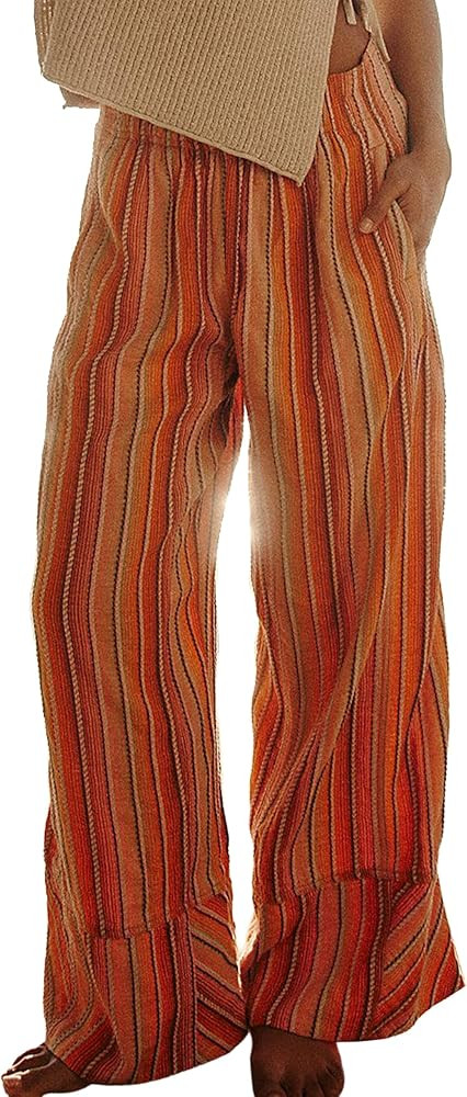 Linen Pants for Women Elastic Waist Summer Boho Palazzo Wide Leg Pants Beach Vacation Casual Trou... | Amazon (US)
