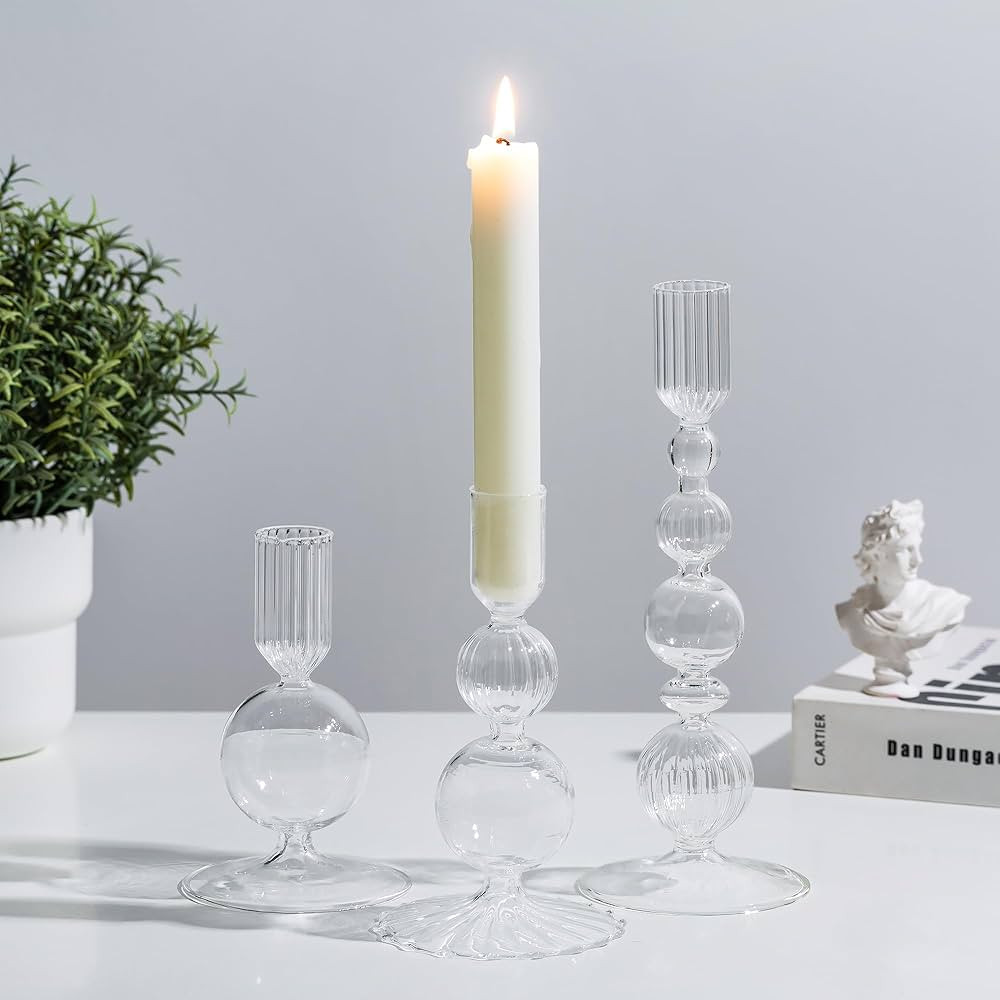Glasseam Glass Candle Stick Holder: Clear Taper Candle Holders Set of 3 Modern Candlestick Holder... | Amazon (CA)