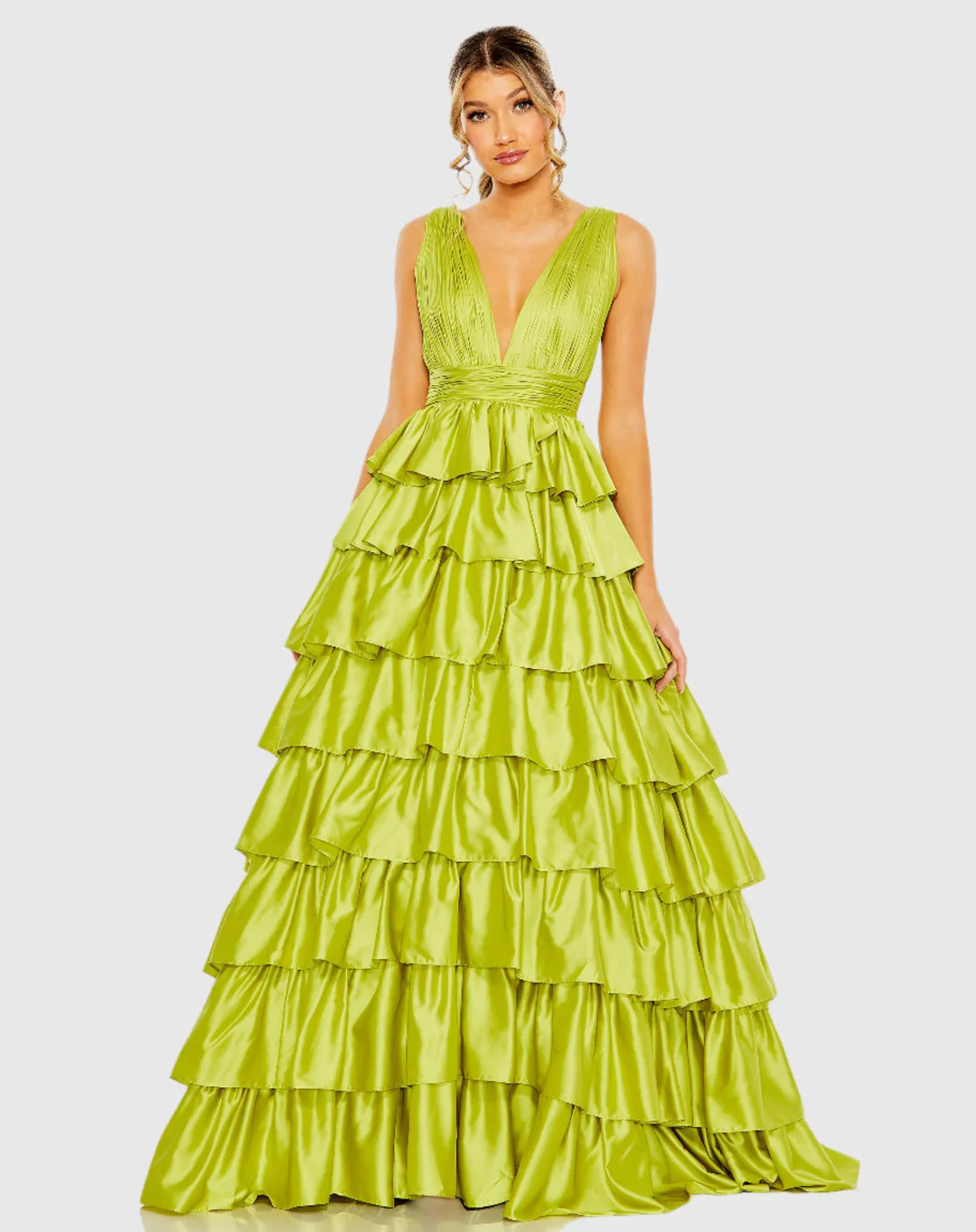 Ruffle Tiered Pleated Sleeveless V Neck Gown | Mac Duggal