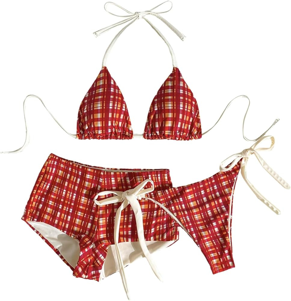 SweatyRocks Women's Plaid Print Halter String Bikini Set 3 Piece Swimsuit with Cover Up Shorts | Amazon (US)