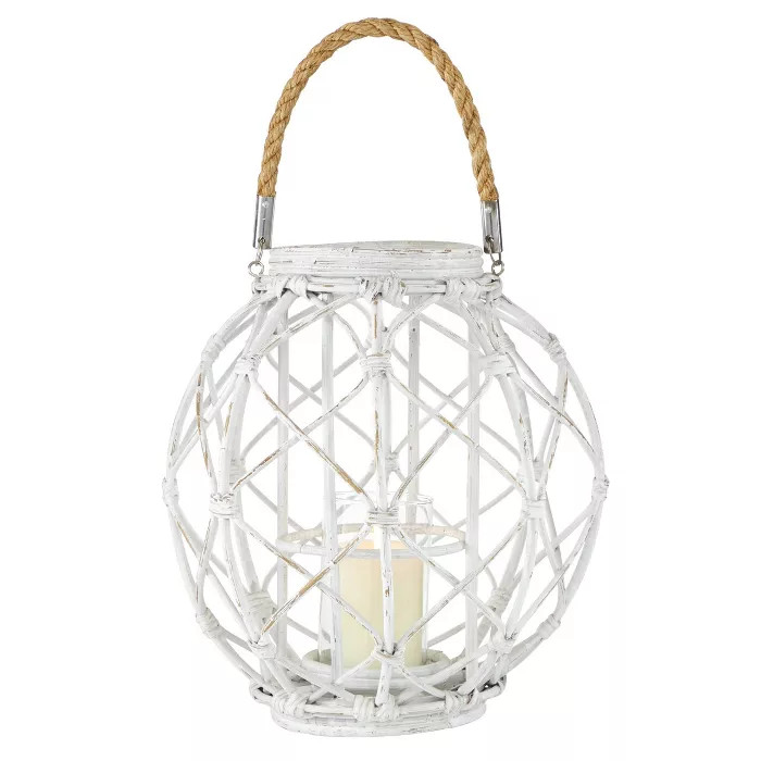 15" x 15" Woven Rattan/Glass Lantern with Burlap Jute Rope Handle White - Olivia & May | Target
