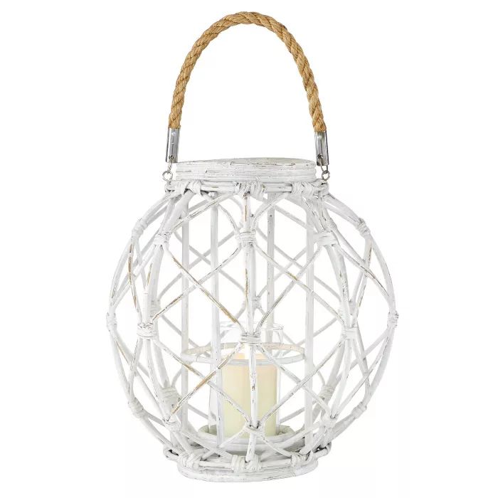 15" x 15" Woven Rattan/Glass Lantern with Burlap Jute Rope Handle White - Olivia & May | Target