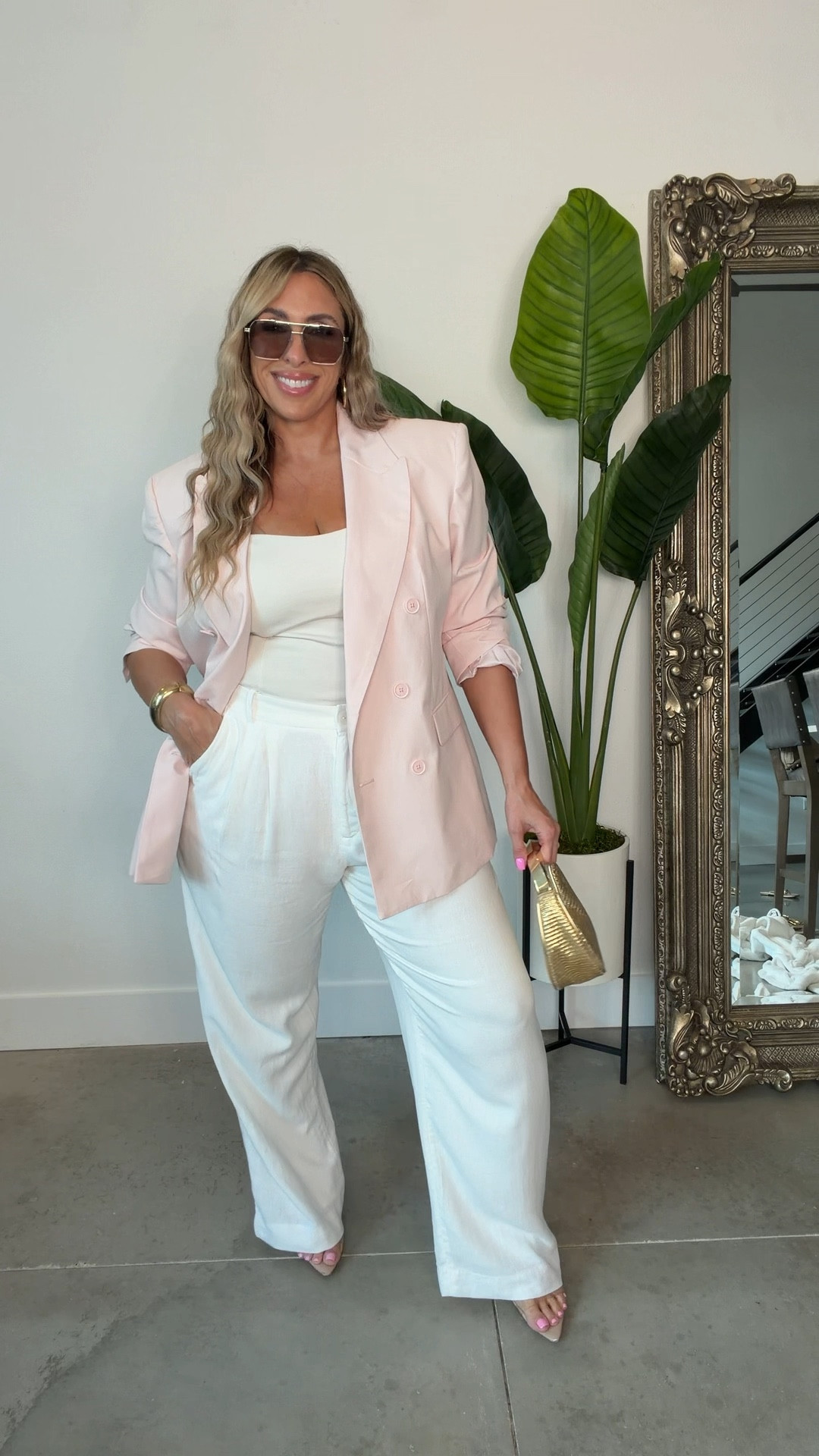 midsize elevated casual outfit 

light pink blazer size L (size down)  also avail in cream 

white top old 

white linen blend pants 31L (12) in the curve love. Abercrombie pants come in 2 fits:
Classic and Curve Love. The curve love gives 2 extra inches in the butt/thigh. Typically I am a 31 L (12) in Curve Love but I can also wear the 32 L (14) the classic cut

bag zara can’t link here 
The bag code is 6254/710/254

@abercrombie 
#LTKootd 
#LTKSaleAlert #LTKSeasonal
#LTKTall #LTKMothersDay #LTKOver40
#LTKMidsize #LTKOver40 #LTKTall