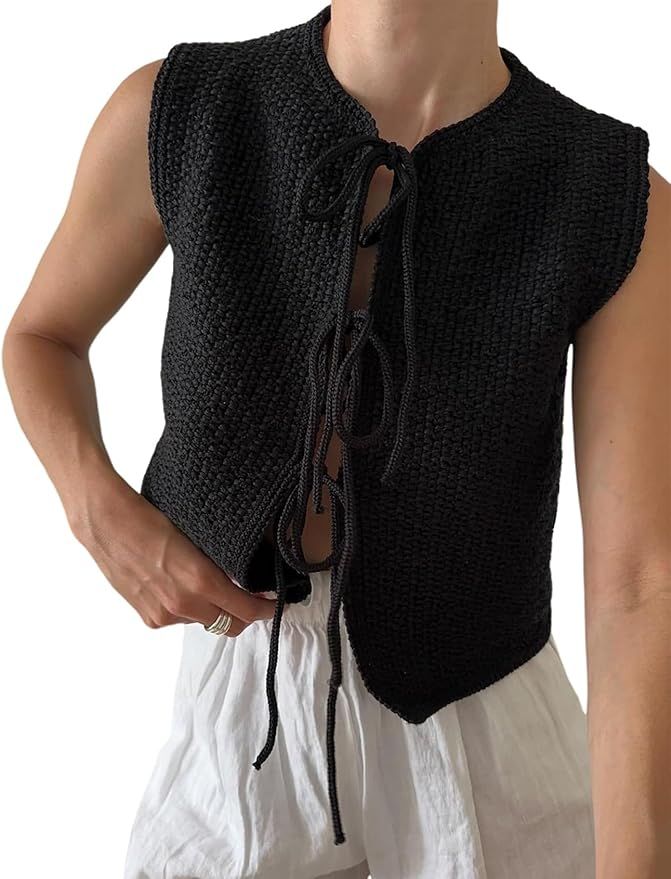 Wyeysyt Womens Crochet Sweater Vest Sleeveless Crew Neck Tie Front Tops Open Front Knit Cardigan | Amazon (US)