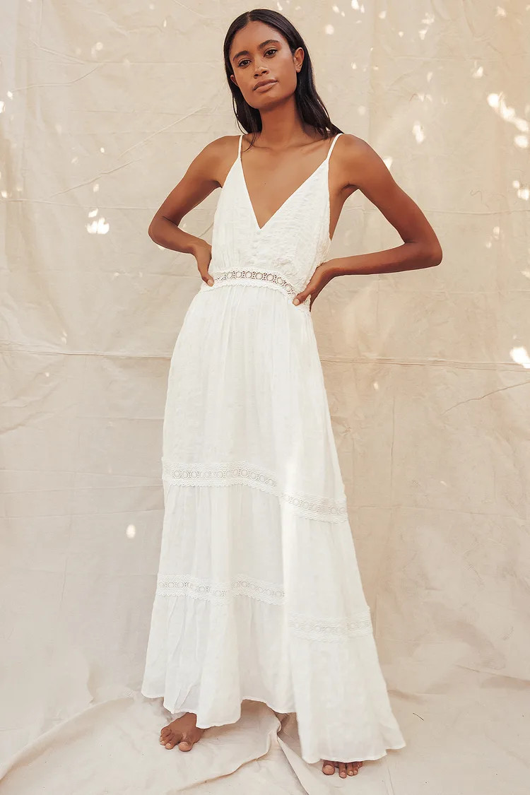 Light Breeze White Striped Crochet Lace Tiered Maxi Dress | White Beach Cover Up Spring Break 2023 | Lulus (US)