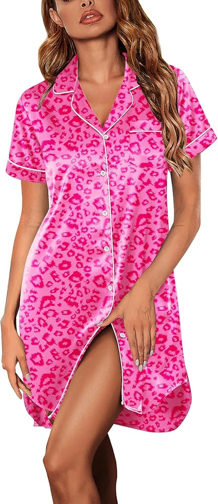 Ekouaer Women's Satin Nightshirt Button Down Sleepshirt Silk Short Sleeve Nightgown Boyfriend Not... | Amazon (US)