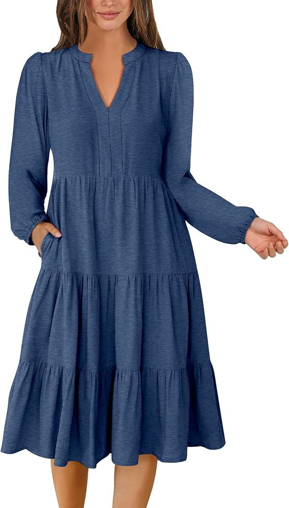 ANRABESS Long Sleeve Dress for Women V Neck 2024 Fall Fashion Casual Loose Fit Flowy Swing Tiered... | Amazon (US)