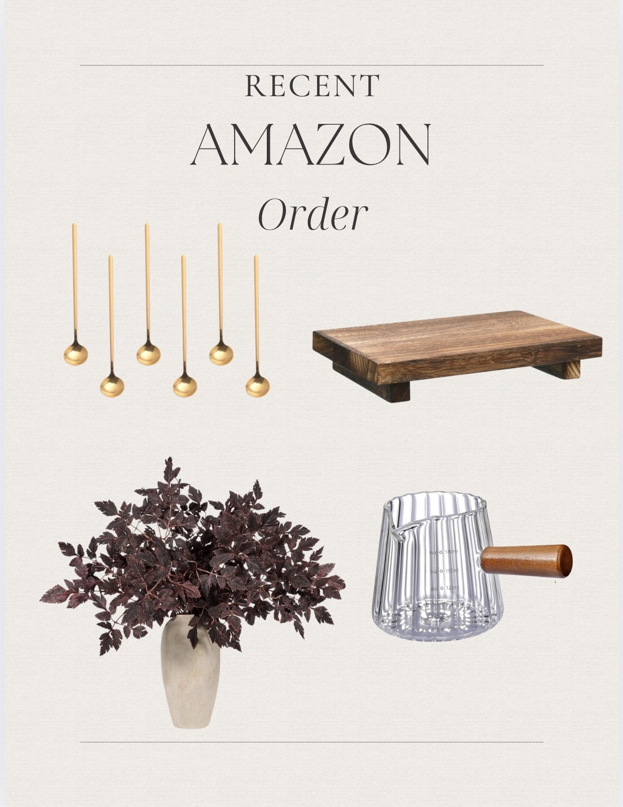 Recent Amazon order🍂🤎☕️🪵 some new fall decor and some things for a cute little coffee bar setup

Coffee bar, coffee bar spoons, fall stems, pottery barn look for less, PB lookalikes, wooden tray, glass measuring cup, minimalistic vibe 

#LTKSeasonal #LTKHome #LTKFallSale