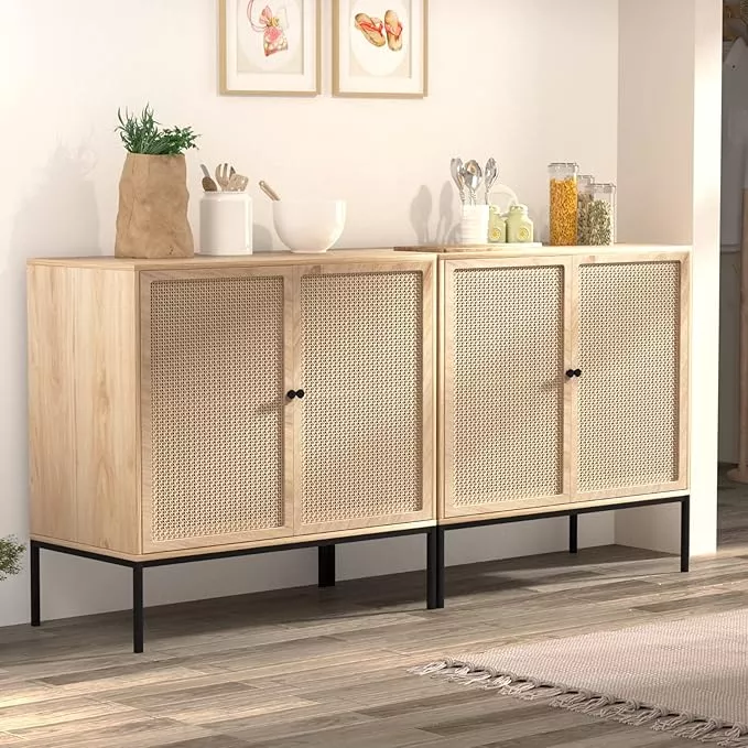 Yechen Set of 2 Sideboard Storage Cabinet with Handmade Natural Rattan  Doors, Buffet Cabinet with Storage, for Living Room, Dining Room, Entryway