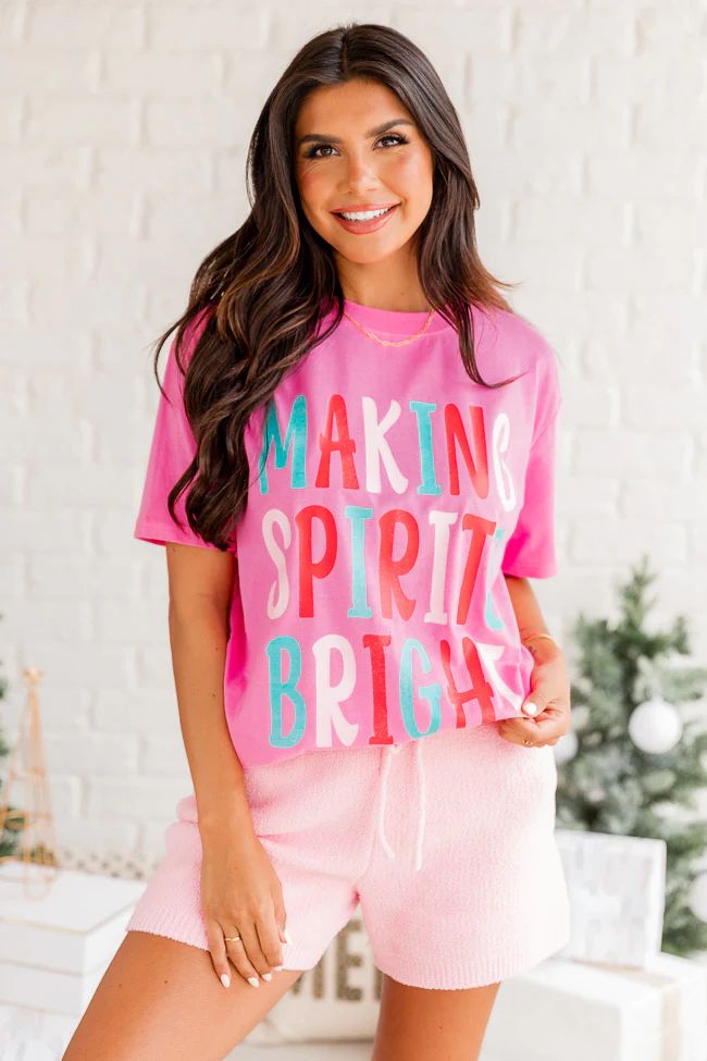 Making Spirits Bright Pink Oversized Graphic Tee | Pink Lily