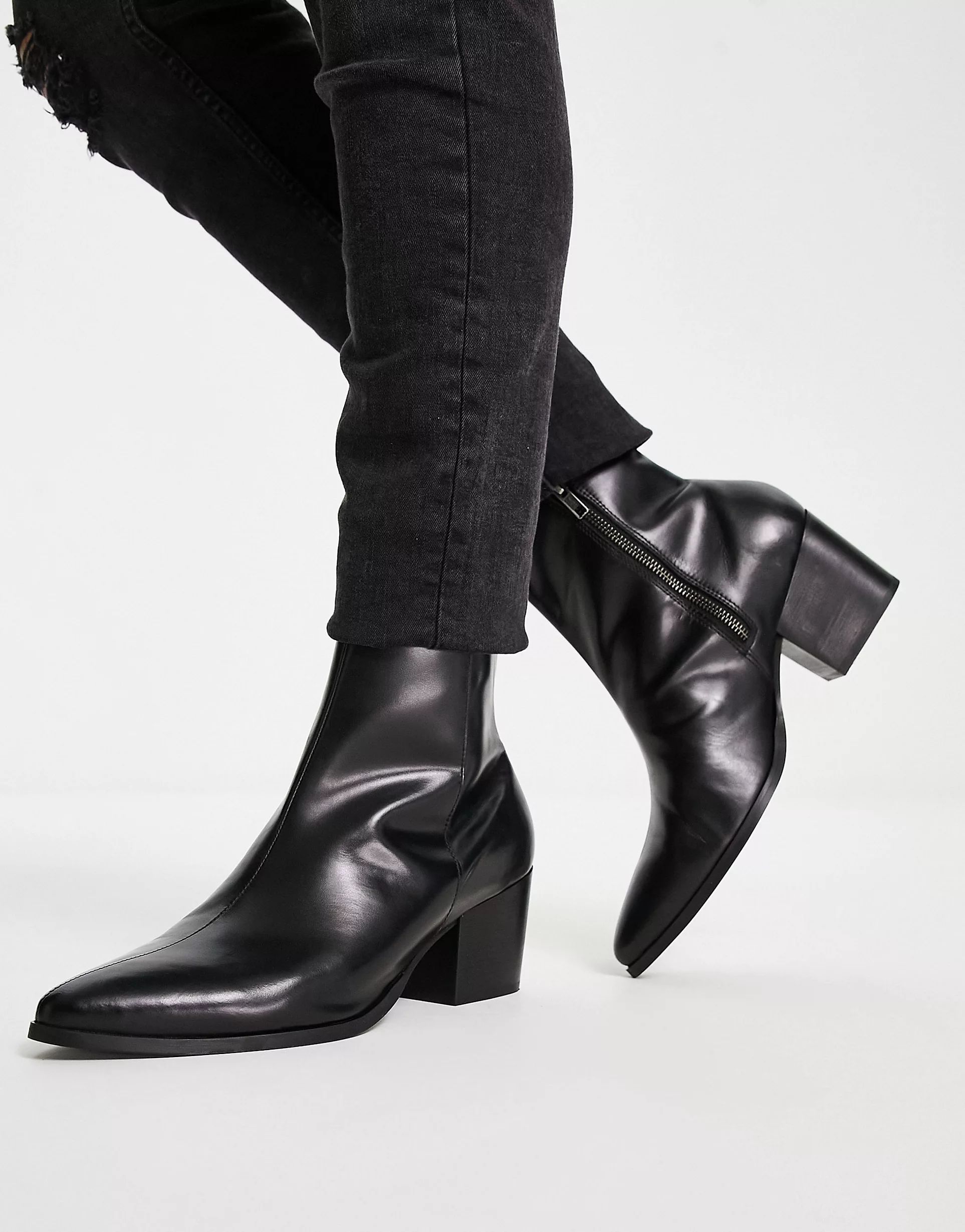 ASOS DESIGN heeled chelsea boots with pointed toe in black leather | ASOS | ASOS (Global)