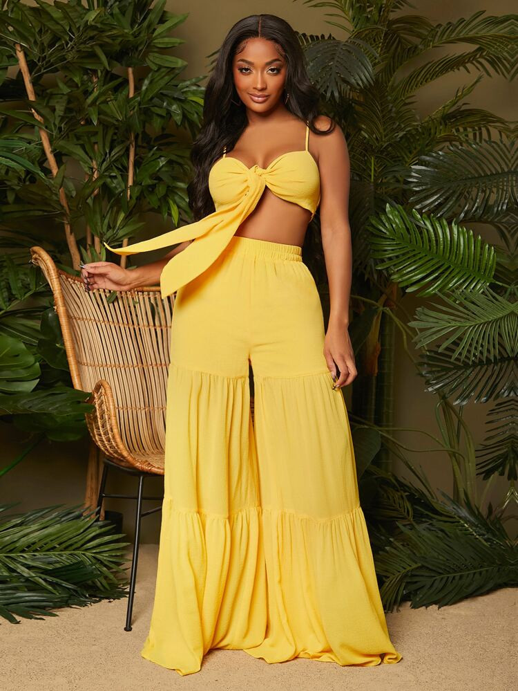 SHEIN SXY Tie Front Crop Cami Top & Ruffle Hem Pants | SHEIN