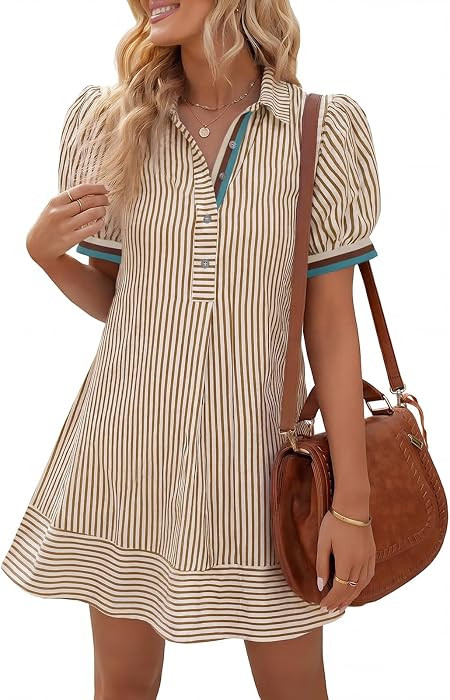 Wenrine Womens Summer Striped Short Sleeve Casual Button Shirt Mini Dresses | Amazon (US)