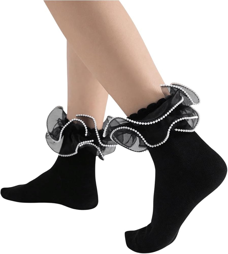 OYOANGLE Women's 1 Pair Pearl Beaded Sheer Ruffle Frilly Crew Socks Soft Comfortable Casual Sock ... | Amazon (US)