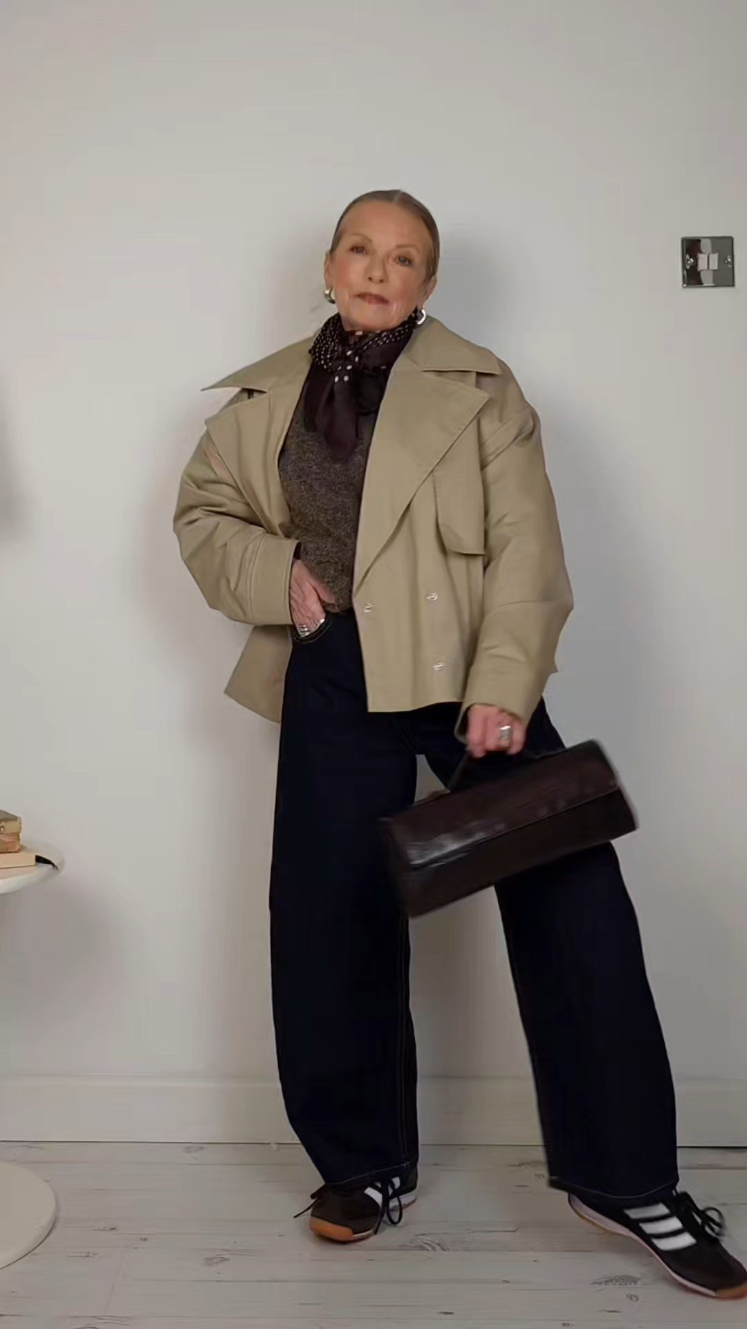 Easy outfit formula,  for WFH, errands, and coffee. Barrel-Leg jeans dark indigo - brown alpaca sweater - long sleeve white t shirt- short trenchcoat  - brown adidas SL72 trainers - brown croc bag

#LTKuk #LTKwinter #LTKstyletip