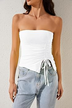 MISSACTIVER Women\u2019s Strapless Sleeveless Tube Top Mesh Double Layer Ruched Side Asymmetrical... | Amazon (US)