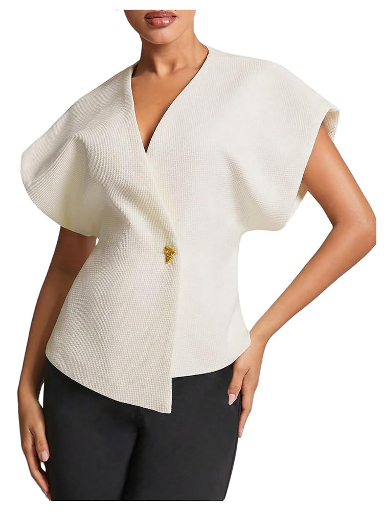 Floerns Women's Elegant Dolman Sleeve Blouses Asymmetrical Hem Tweed V Neck Shirts | Amazon (US)