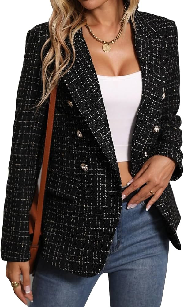 Womens Casual Blazer 2024 Spring Open Front Business Work Tweed Plaid Jacket Suit Pocket (S-XXL) | Amazon (US)