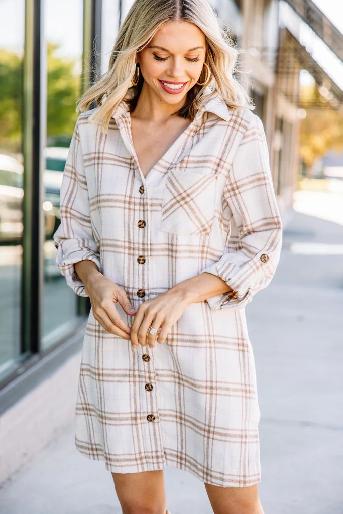 Whenever You Need Me Ivory White Plaid Dress | The Mint Julep Boutique