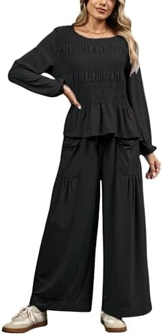 Womens 2-Piece Boho Long Sleeve Smocked Top & Wide Leg Pants Set Casual Lounge Outfit with Pocket... | Amazon (US)