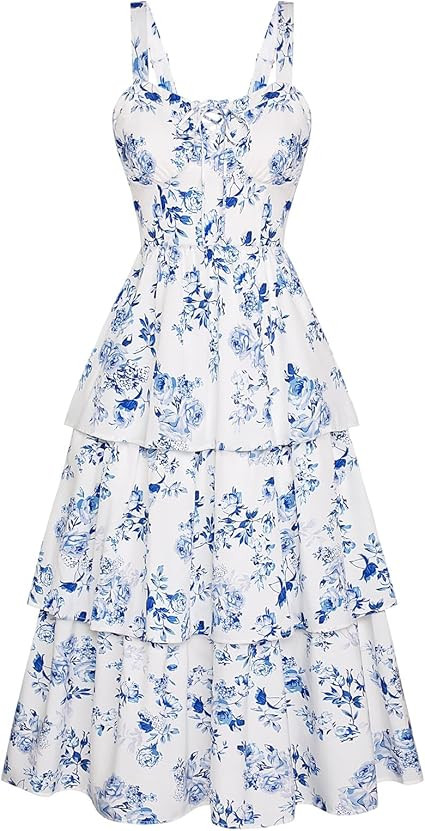 Scarlet Darkness Women's Floral Maxi Dress Summer Wedding Guest Dress Tiered Sleeveless Lace Up C... | Amazon (US)