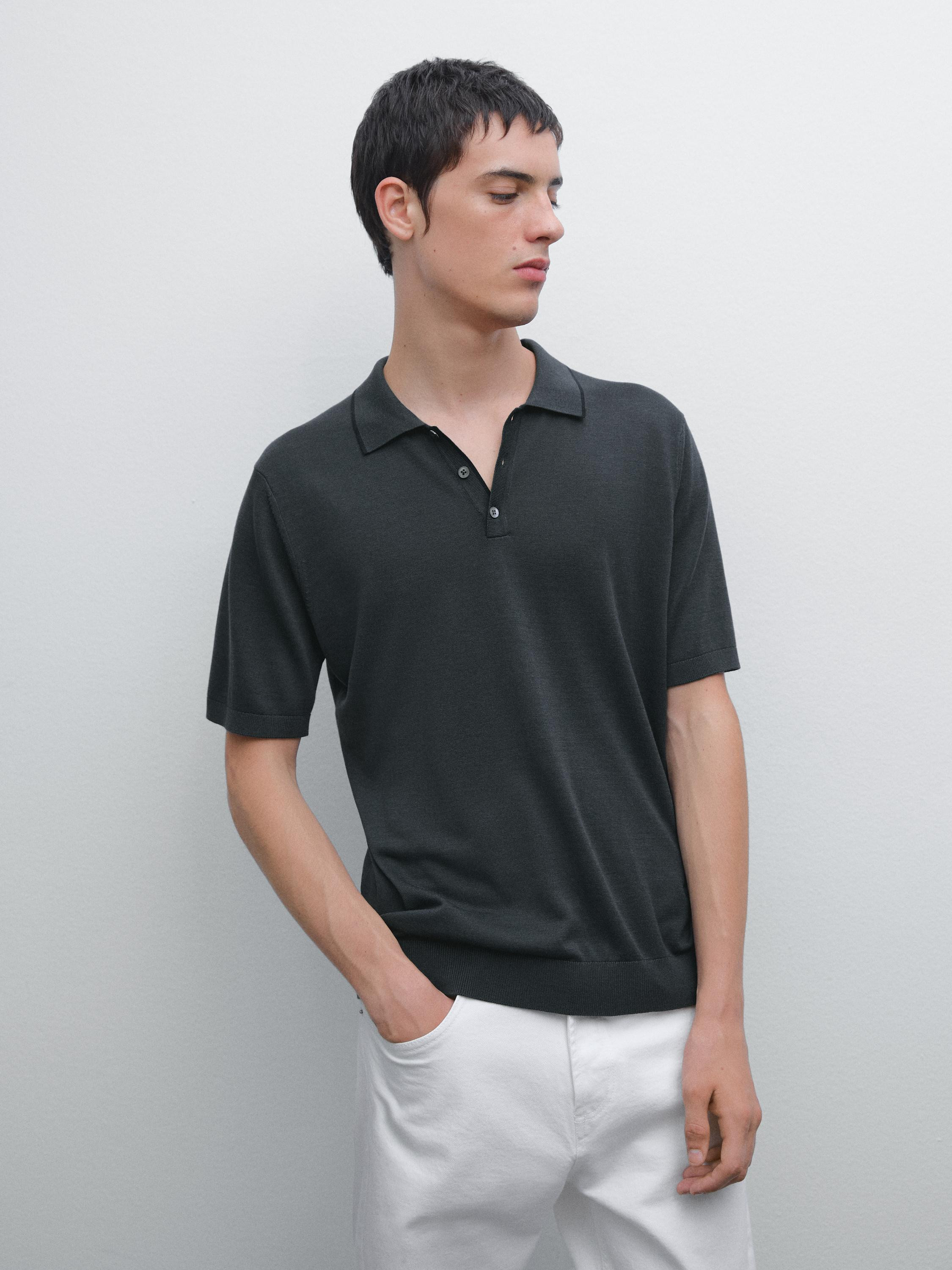 Knit polo shirt with coloured collar detail | Massimo Dutti US