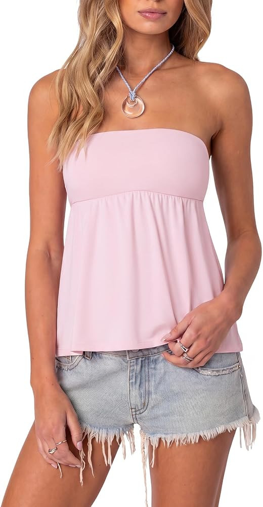 SUUKSESS Women Peplum Tube Tops with Built in Bra Summer Cute Sleeveless Strapless Babydoll Tank ... | Amazon (US)