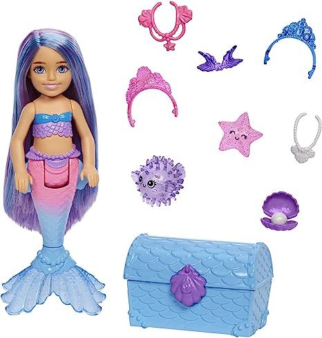 Barbie Mermaid Power Chelsea Mermaid Doll (Blue & Purple Hair) with 2 Pets, Treasure Chest & Acce... | Amazon (US)