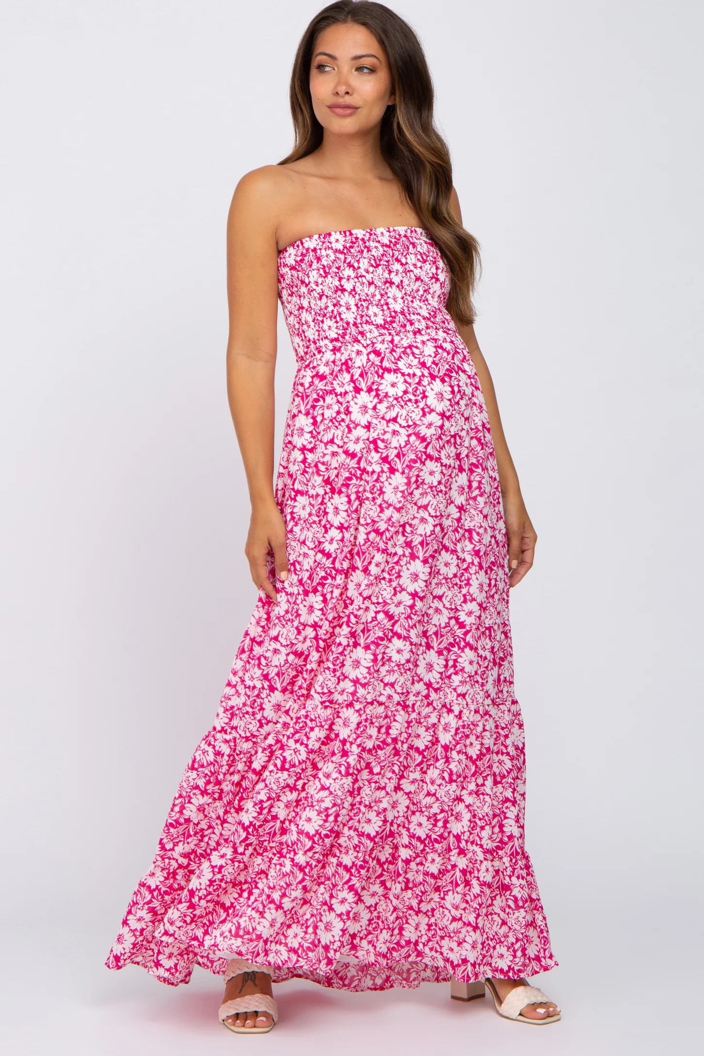 Magenta Floral Strapless Smocked Maternity Maxi Dress | PinkBlush Maternity