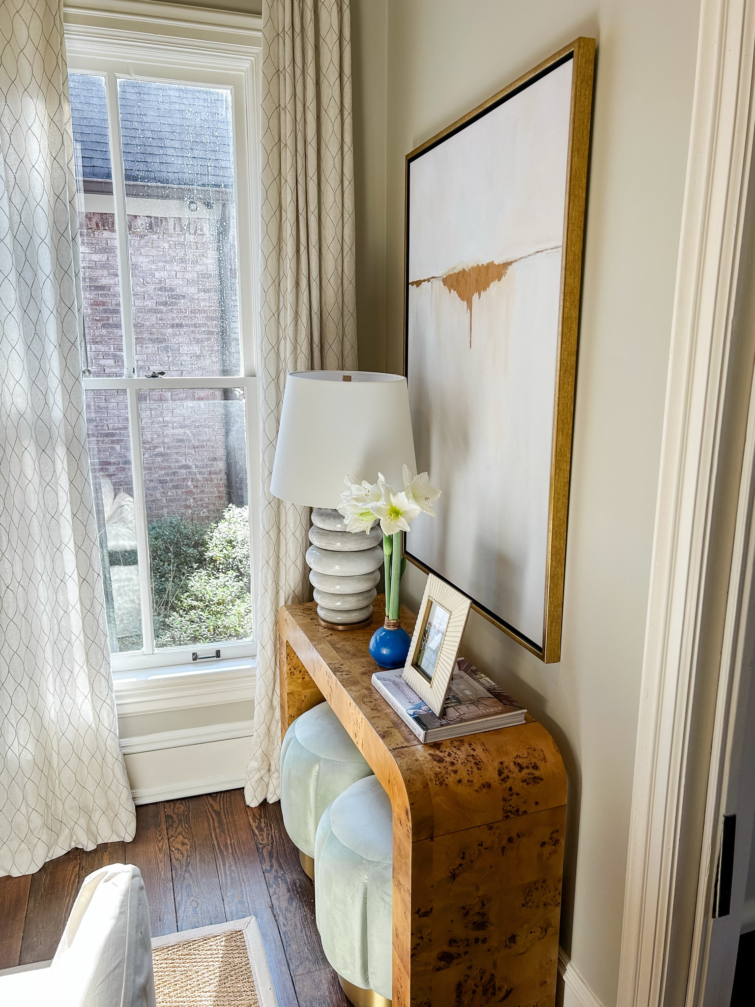 Burl wood console table-
“Gold waterfall” artwork available on Mkdeckerdesigns.com 