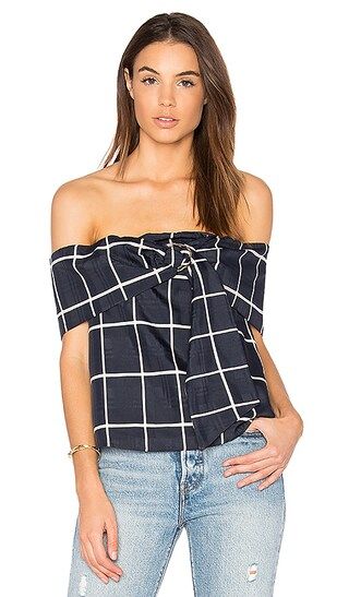 J.O.A. Plaid Off The Shoulder Top in Navy & Ivory | Revolve Clothing