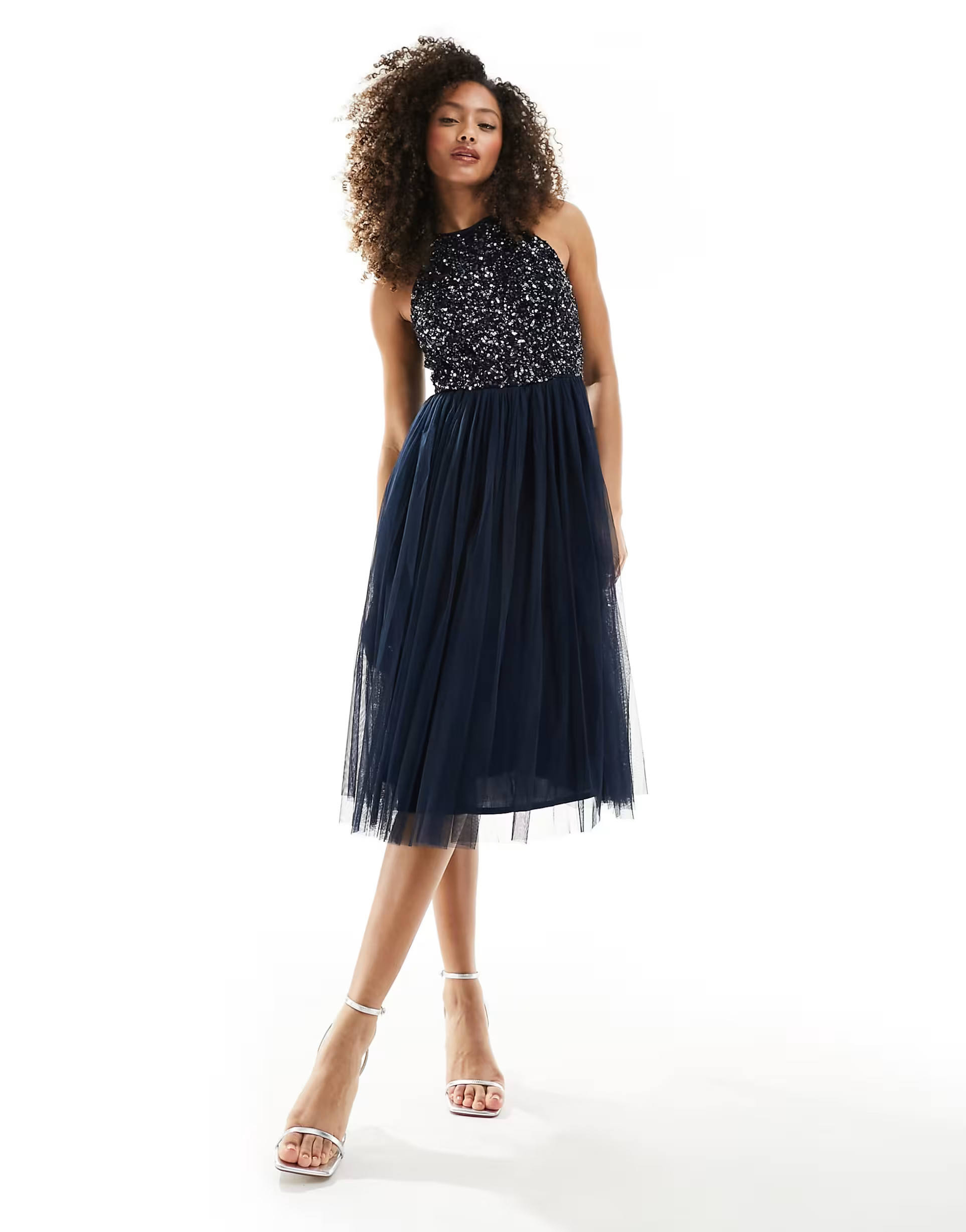 Maya - Vestito midi da damigella allacciato al collo in tulle blu navy con delicate paillettes to... | ASOS (Global)