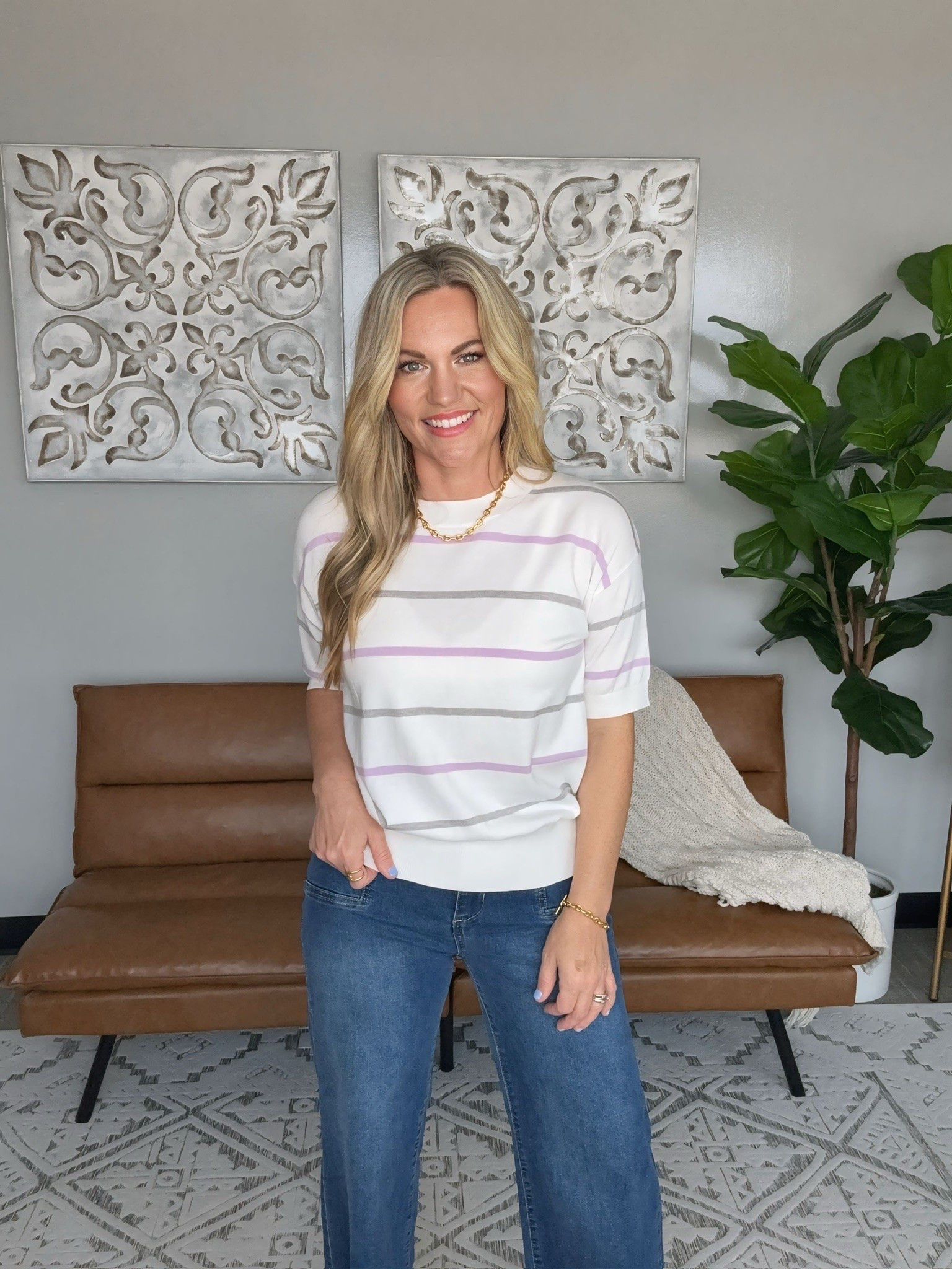 This striped sweater is one of those pieces that works for every season. The soft pastel details, relaxed fit, and easy styling make it perfect with your favorite denim for an effortlessly polished everyday look.

striped sweater, casual outfit, everyday fashion, wide leg jeans, denim outfit, summer style, transitional outfit, comfortable fashion, wardrobe staples, effortless style, audriedollins

#LTKootd #LTKOver40 #LTKSeasonal