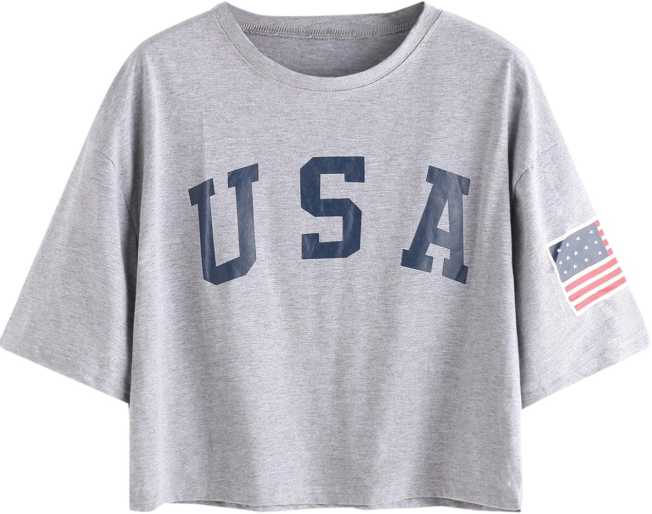 SweatyRocks Women's Graphic T Shirts Letter Print Flag Short Sleeve Casual Crop Tops | Amazon (US)