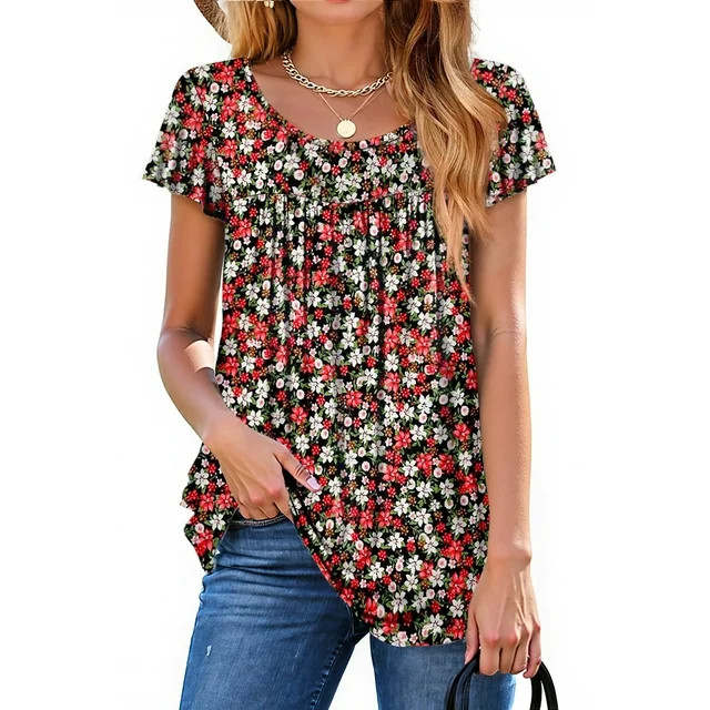 Fantaslook Womens Blouses Dressy Casual Pleated Tunic Tops Floral Ruffle Sleeve Summer Shirts | Walmart (US)
