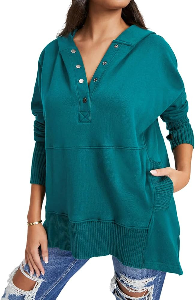 R.Vivimos Womens Oversized Sweatshirts Fall Essential Hoodies Pullover Cotton Long Sleeve Button ... | Amazon (US)