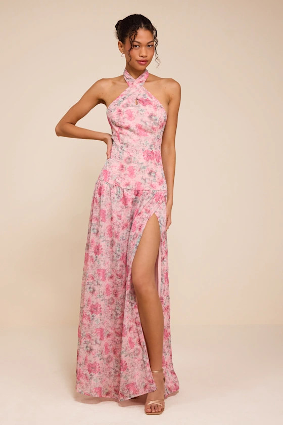 Amoah Light Pink Floral Drop Waist Maxi Dress | Lulus