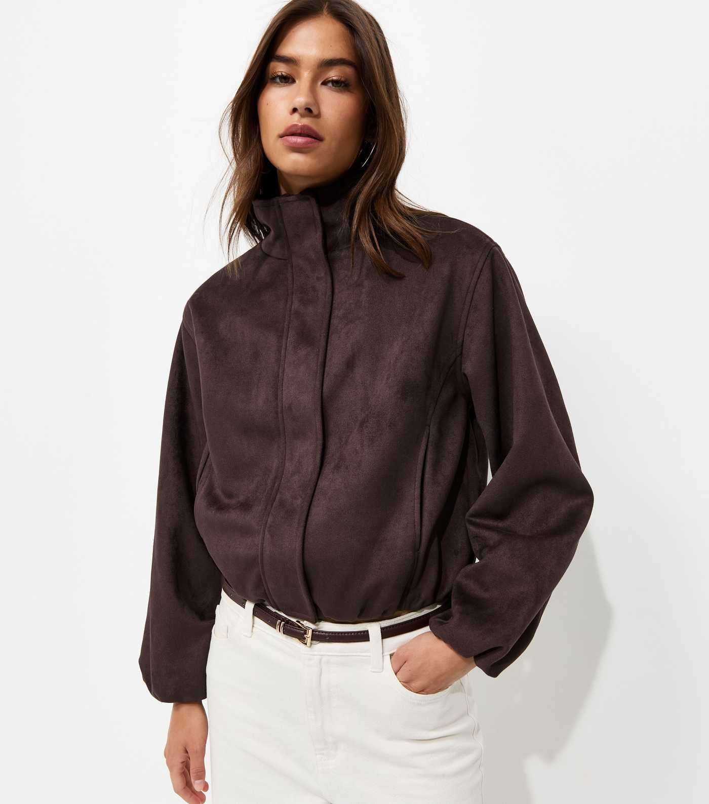 Dark Brown Faux Suede Bubble Hem Jacket | New Look | New Look (UK)