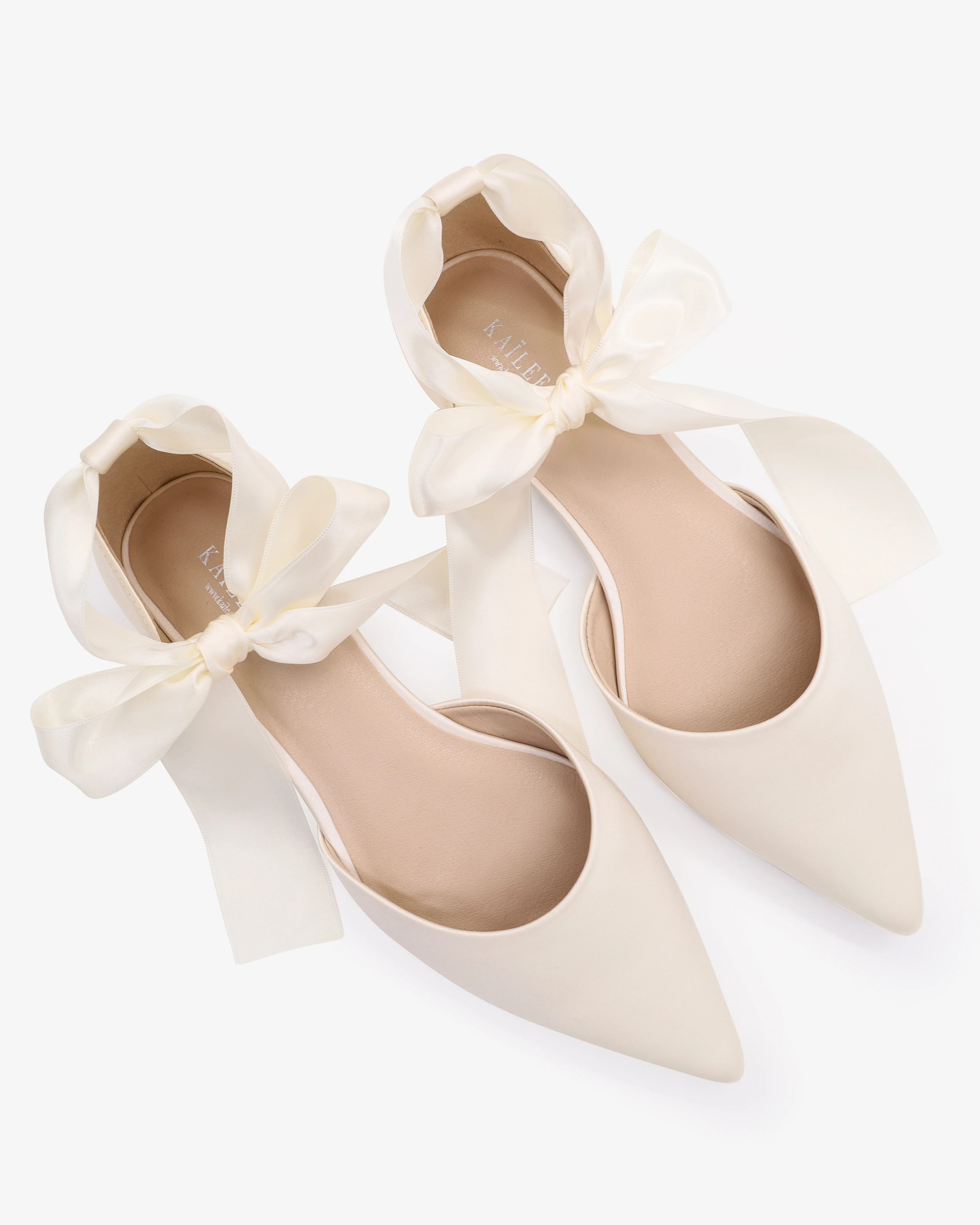 Satin Pointy Toe Bridal Flats with Ribbon Tie or Pearls Strap | Kailee P.