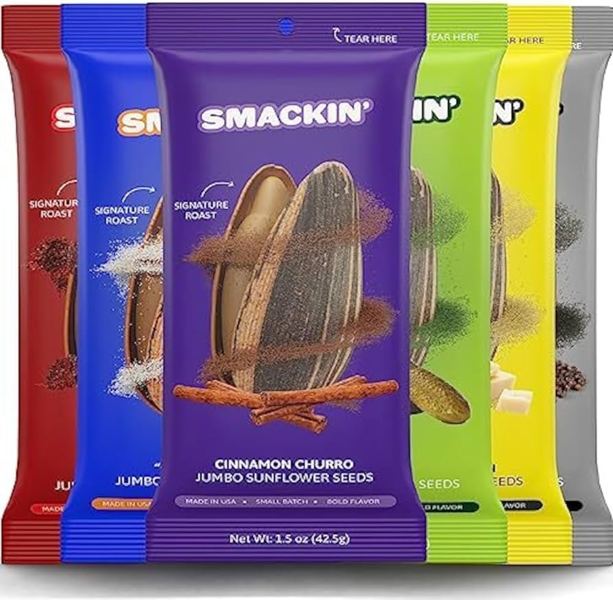 SMACKIN' Sunflower Seeds, Roasted Jumbo Small-Batch, American Made - 6 Flavor Variety. 1.5oz bags... | Amazon (US)