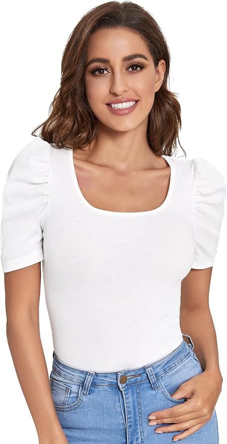 Verdusa Women's Casual Puff Sleeve Scoop Neck Slim Fit Ribbed Tee Shirt Top | Amazon (US)