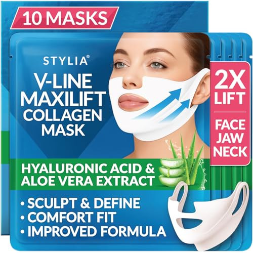 Stylia MaxiLift V-Line Lifting Collagen Face Mask - Advanced Double Chin Reducer - Jawline Shaper - Neck Firming and Tightening Mask with Hyaluronic Acid & Aloe Vera - Chin Strap for Sleeping (10PC) | Amazon (US)