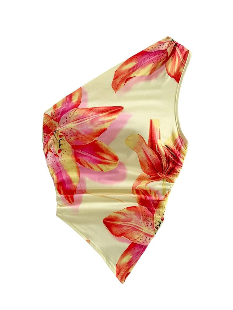 MakeMeChic Women's Floral One Shoulder Tank Top Ruched Asymmetrical Sleeveless Y2k Tops | Amazon (US)