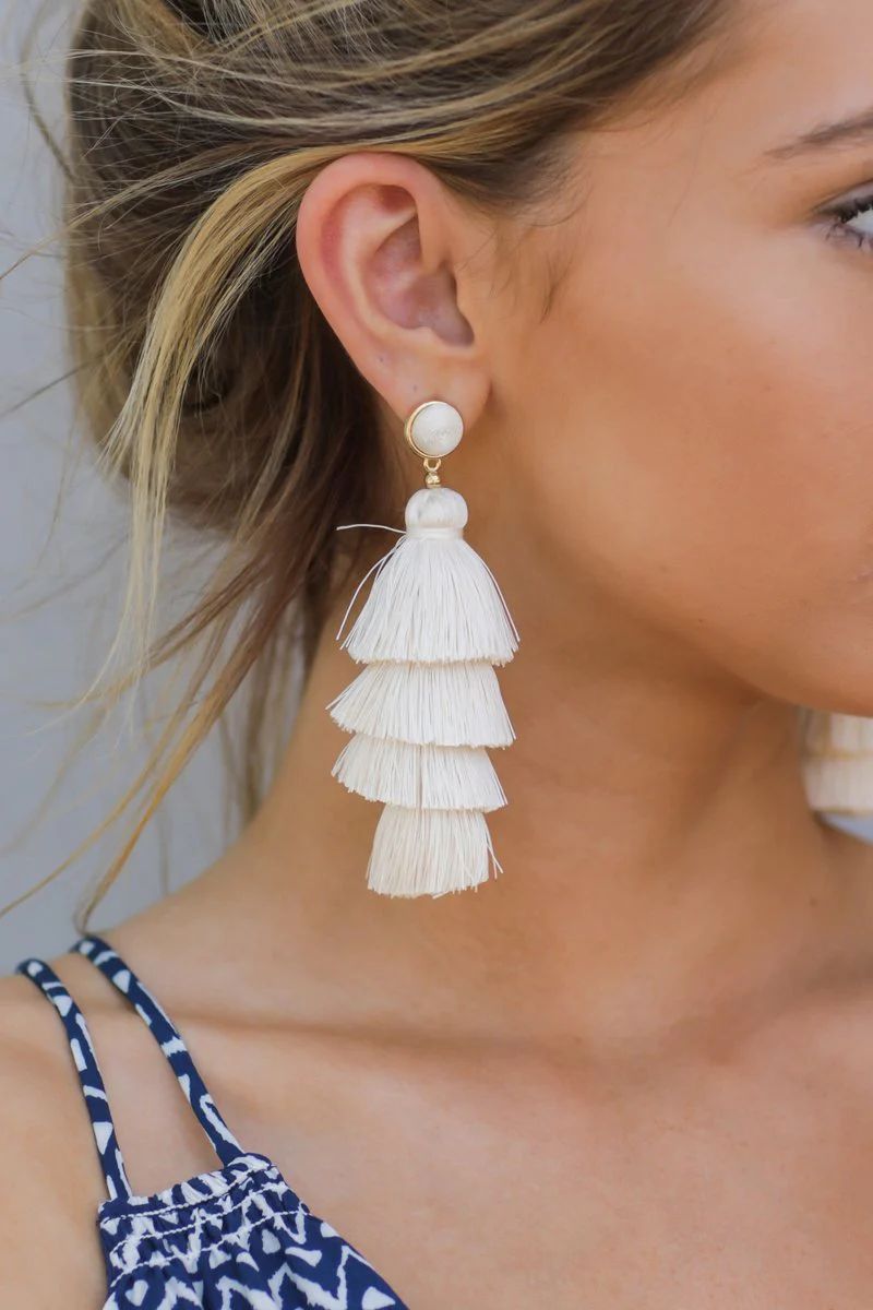 Tier And Now White Tassel Earrings | Red Dress 