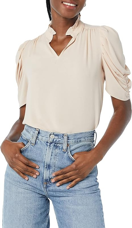 Amazon Essentials Women's Georgette Half-Sleeve Ruffle Neck Woven Blouse | Amazon (US)