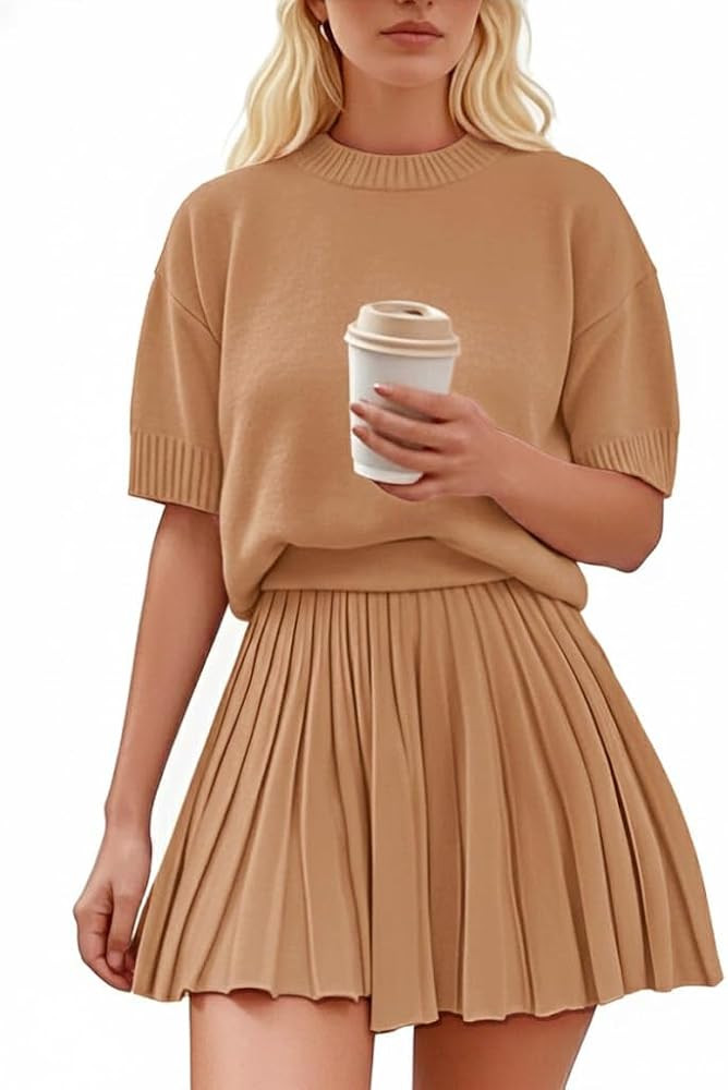 Womens 2 Piece Outfits 2026 Short Sleeve Crewneck Knit Tops And Pleated Mini Skirt Two Piece Sets | Amazon (US)
