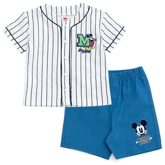 Disney Mickey Mouse Baseball Jersey V-neck Button Down Shirt and Denim Shorts Outfit Set Newborn ... | Walmart (US)