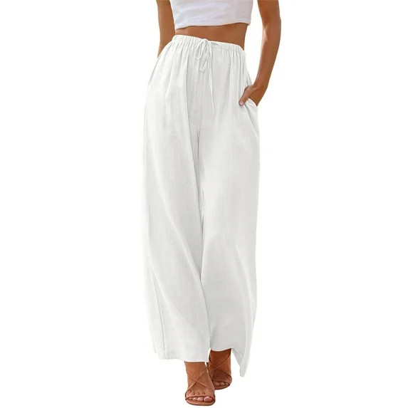TEMOFON Pants for Women Wide Leg Linen Pant White Summer Casual Palazzo Flowy Pants with Pocket D... | Walmart (US)