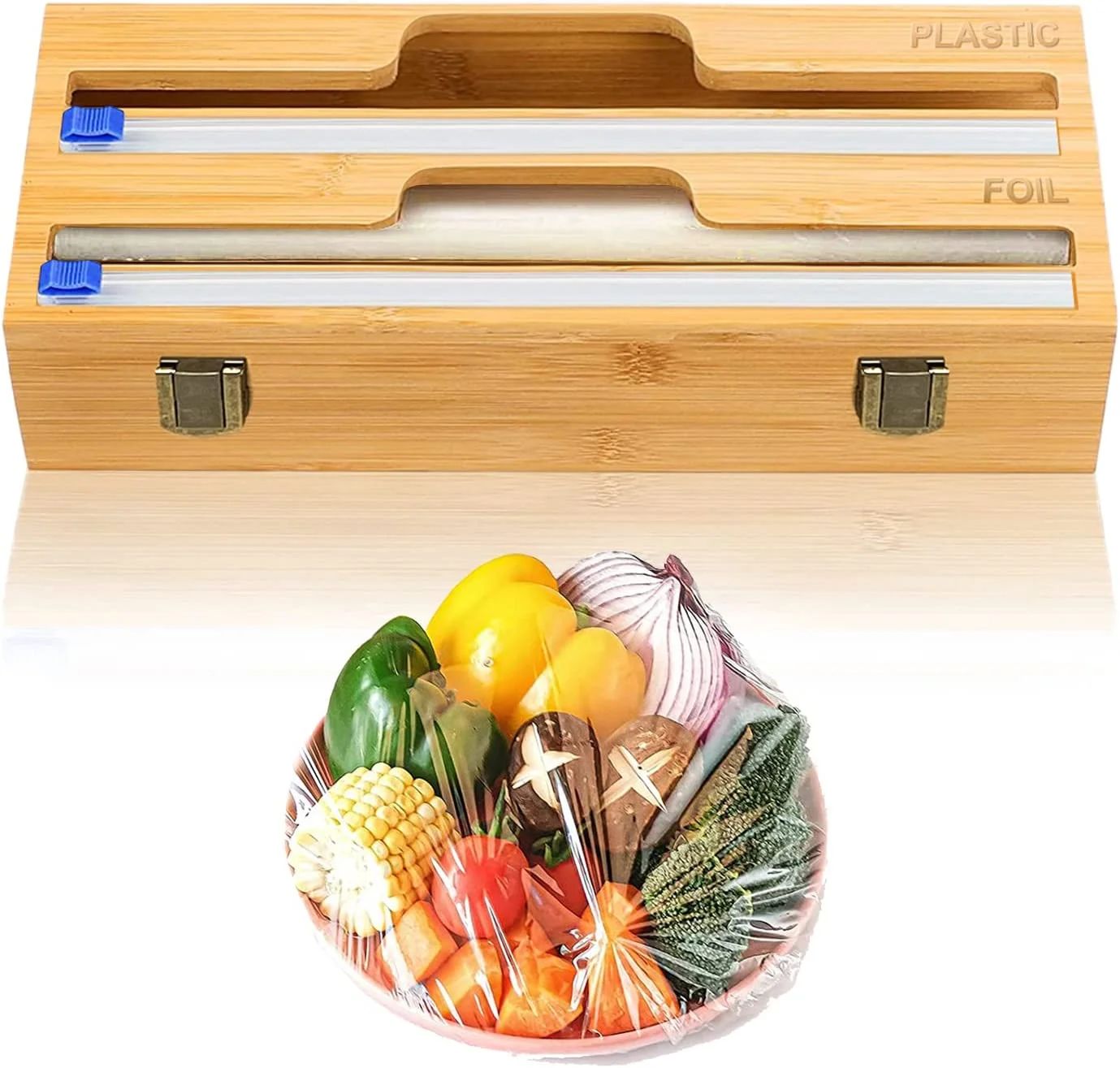 Teepeu Bamboo Foil and Plastic Wrap Dispenser with Cutter for Kitchen Organization Storage Bags | Walmart (US)